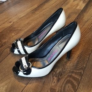 Connie Black and White Leather Buckle heels